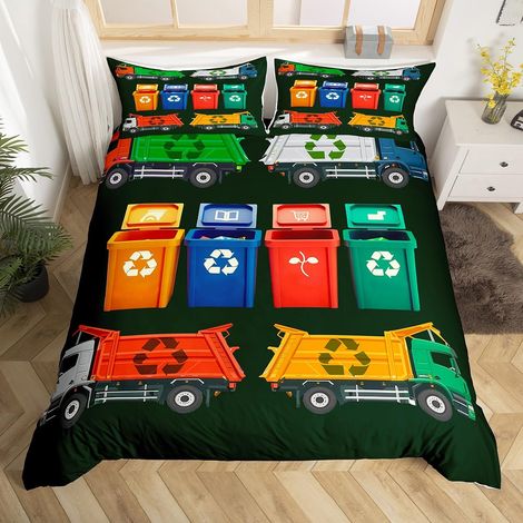 Housse de Couette 200x200 Garcon Camion À Ordures, Parure de Lit Enfant Camion de Recyclage, Sets de Housses de Couettes Poubelle Imprimée, Couvre Lit Véhicule Voiture, Microfibre (1/5)