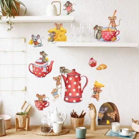 Kitchen/Cafe Wall Stickers, Mouse Coffee Cup Wall Decals, Wall Decoration for Fridge, Kitchen, Dining Room, Bar