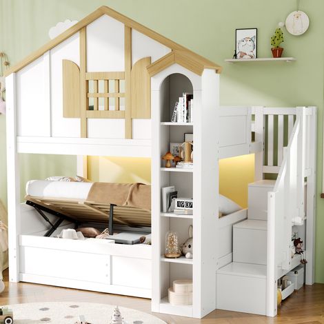 Letto a castello per bambini 90x200 cm, letto a cabina con contenitore, illuminazione a LED e scaletta contenitore in pino bianco (1/5)