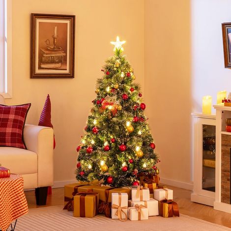 COSTWAY Sapin de Noël Artificiel 150 cm avec 8 Modes d'Eclairage, 49 Lumières LED Blanc Chaud, 170 Pointes de Branches, 16 Pommes de Pin Naturelles, 16 Baies Rouges, 20 Lampes à Pétrole (1/5)