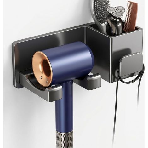 Wandmontierter Haartrocknerhalter aus Aluminium mit Klebebefestigung (kein Bohren erforderlich), Aufbewahrung für Glätteisen, gebogene Halterung mit Silikon, geeignet für Badezimmer und Friseursalon (1/4)