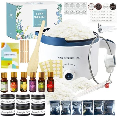 Kit de fabrication de bougies de soja avec fondeur de cire électrique kit de fabrication de bougies, y compris cire de soja, mèches, parfums, colorants, pots (1/4)