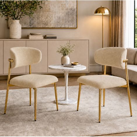 Set de 2 sillas de comedor tapizadas con respaldo curvado, estructura estable de metal dorado, tejido marrón (1/5)