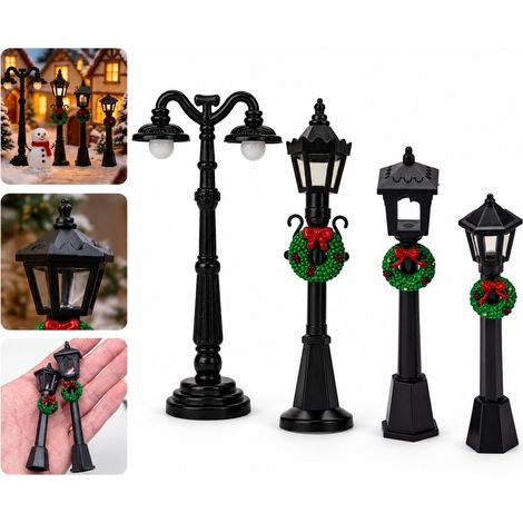 Lot de 4 Lampadaires Miniatures avec Couronne en Plastique Noir 8 cm Decoration de Noel pour Village Miniature (1/5)