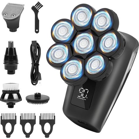 Rasoir Chauve Homme, 8D Rasoir Tete Electriques Hommes Professionnel Sec et Humide, 5 en 1 Détachable Rasoirs à Tête Étanche IPX6, Charge USB, Tondeuse à Barbe avec Écran LCD (1/5)