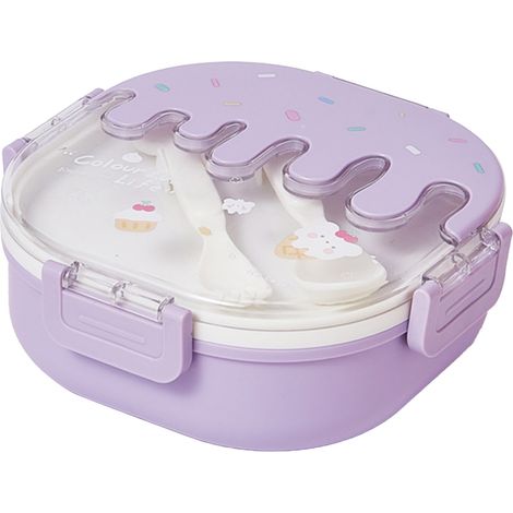 Bento-Lunchbox für Kinder und Erwachsene, 3 Kunststofffächer, niedliche Eiscreme-Snackbehälter mit Gabel und Löffel, für Schule, Arbeit, Reisen, lila (1/5)