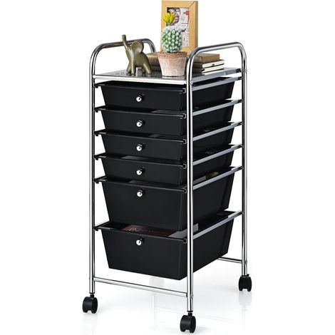 COSTWAY Carrello con 6 Cassetti e Ruote, Cassettiera in Plastica, con Due Dimensioni di Cassetti, Contenitore Multiuso per Casa Bagno e Ufficio, 37 x 74 x 32cm (Nero) (1/5)
