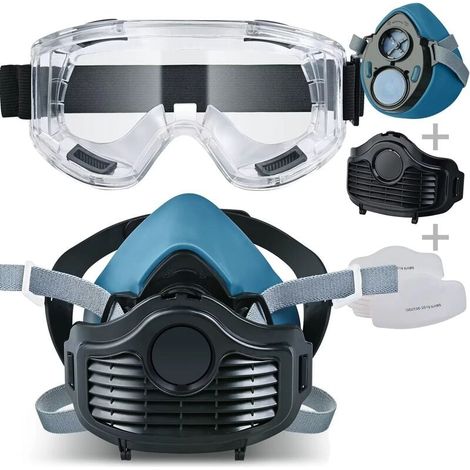 Mascarilla antipolvo, kit de protección para trabajos de pintura, polvo, partículas, pulido, soldadura y decoración gafas de seguridad con 10 filtros de algodón. (1/5)