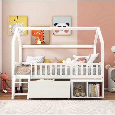 CHICFURN Letto a casetta per bambini 200x90 cm in legno bianco con contenitori, senza materasso (1/5)