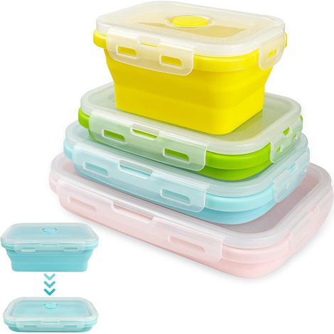 4 recipientes plegables de silicona, herméticos, reutilizables, para acampar/oficina/senderismo, aptos para microondas y lavavajillas.