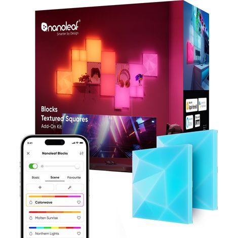 NANOLEAF BLOCKS KIT D'EXTENSION 2 CARRÉS TEXTURÉS (REQUISKIT DE DÉMARRAGE), DESIGN 3D À FACETTES MULTIPLES, PANNEAU LED MULTIC