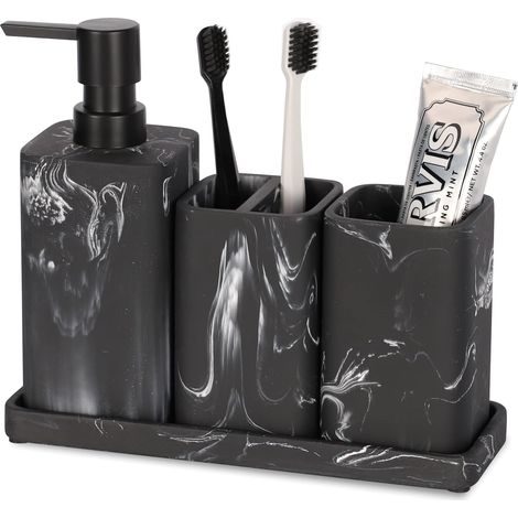 Ensemble d'accessoires de Salle de Bain, Design marbre Noir, Complet avec Support de Brosse à Dents, Plateau et Gobelet, Élégant et Fonctionnel pour Décoration et Organisation de la Salle de Bain (1/5)