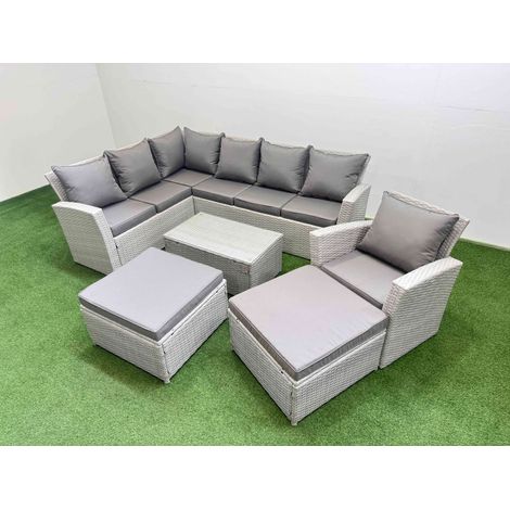 Fimous 9 Seater Garden Outdoor PE Rattan Furniture Set Rattan Garden Sofa Set with 2 Big Footstools Light Grey Mixed (1/5)