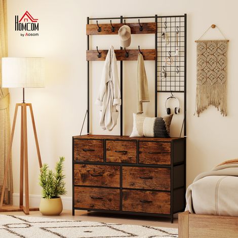 Meuble d'entrée 4 en 1, portemanteau, vestiaire avec 7 tiroirs en tissu et 14 crochets, brun rustique, 100 x 30 x 183 centimètres