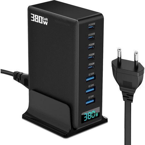 Chargeur USB C 380 W - Chargeur rapide GaN III 8 ports avec 5 ports USB-C et 3 ports USB-A Adaptateur de chargeur pour ordinateur portable PD PPS 100W (1/5)