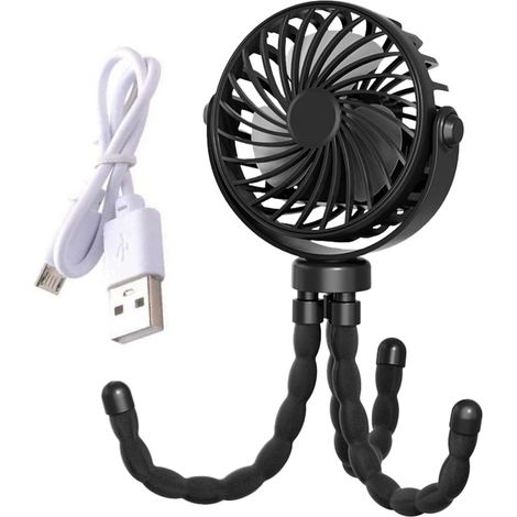 Ventilateur portable pour poussette, ventilateur à pince trépied flexible rechargeable par USB, rafraîchisseur d'air personnel à 3 vitesses réglables (1/5)