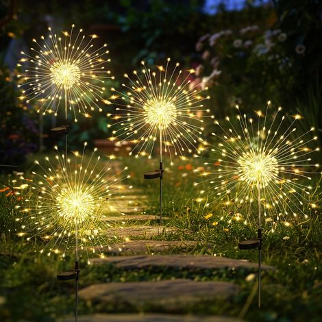 Set mit 4 Solar-Gartenleuchten für den Außenbereich, 120 LED-Solarfeuerwerk, wasserdichte Solar-Löwenzahnlichter für Garten, Rasen, Party, Terrasse, Hochzeitsdekoration (Warmweiß)