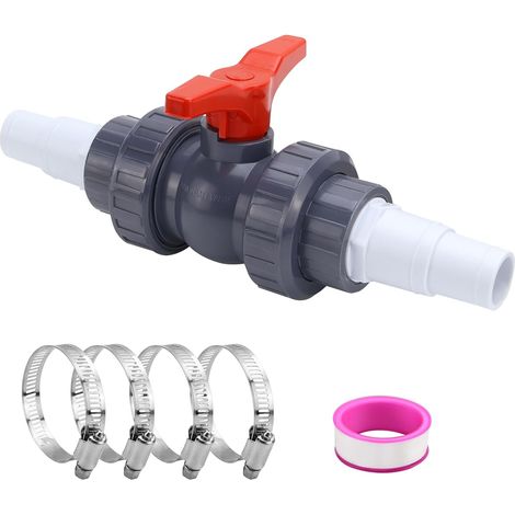 Robinet d'arrêt à boisseau sphérique en PVC 50 mm avec raccord de tuyau, robinet d'arrêt pour piscine 1 1/2" avec 2 douilles de tuyau 32-38 mm pour vide-tuyau, piscine, tuyau en PVC (1/5)
