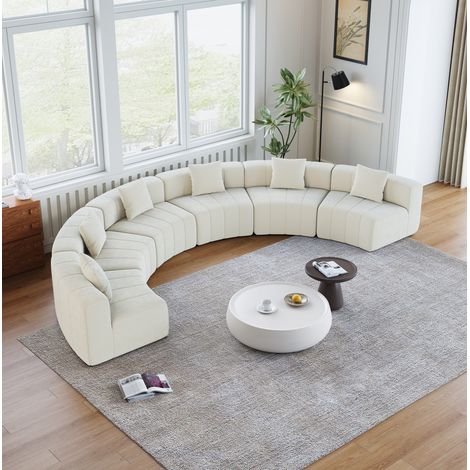 Divano modulare curvo a 6 posti, design a tasti di pianoforte, in chenille beige