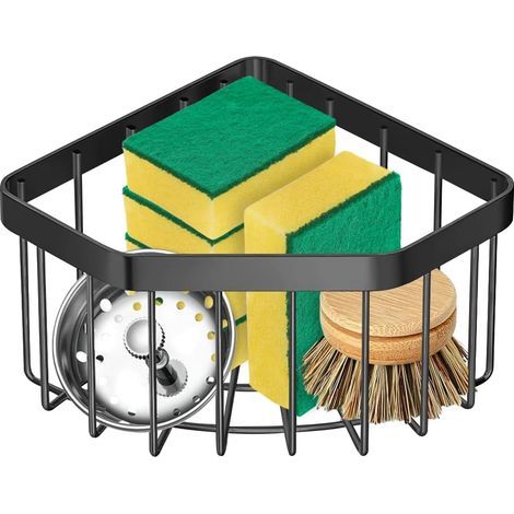 Organisateur de rangement pour évier de cuisine, panier triangulaire en acier inoxydable avec crochet adhésif (1/5)