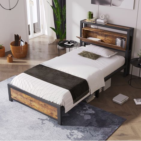 Lit simple métal et bois coloris naturel 90x200 cm avec tête de lit de rangement et sommier à lattes inclus (1/5)