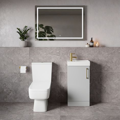 Napoli Cube Gloss Grey Pearl 400mm Single Door Vanity Unit and Toilet Suite with Align Basin - 400mm - Brushed Brass 160mm Handle