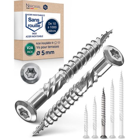 Vis terrasse inox A2 - 250 pièces - Acier V2A - Tête fraisée Torx TX - Pour bois extérieur et lames - 5x60 mm (1/5)