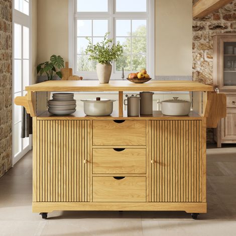 Carro de cocina con alas abatibles, 95 cm de alto, 3 cajones, marrón natural HAVRYA (1/5)