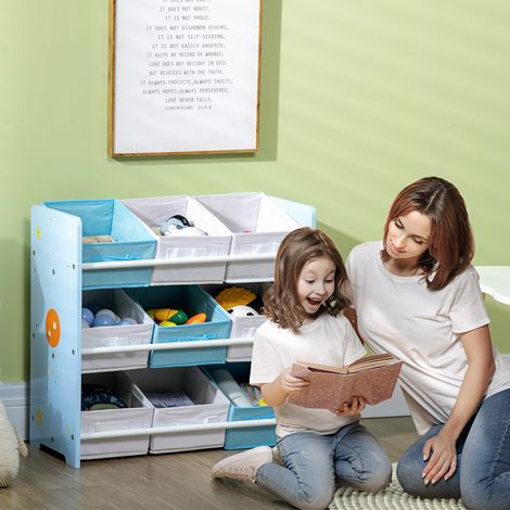 Armoire à jouets avec 9 paniers amovibles en MDF et tissu. 63 x 30 x 60 cm. Bleue.