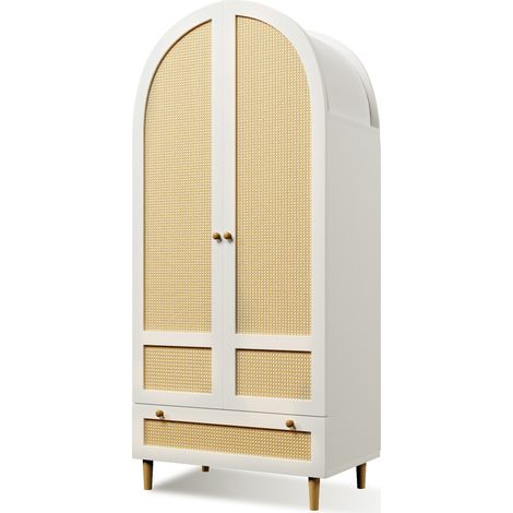 Armario de MDF blanco 80x50x180 cm con efecto ratán, diseño arqueado, barra y cajón (1/5)
