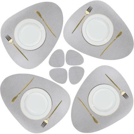 Set de Napperon et sous-Verres en Cuir, Tapis de Table de Noël Antidérapants Essuyables Imperméables pour Cuisine Intérieure Table à Manger Restaurant Fête Barbecue Extérieur (Gris Clair)