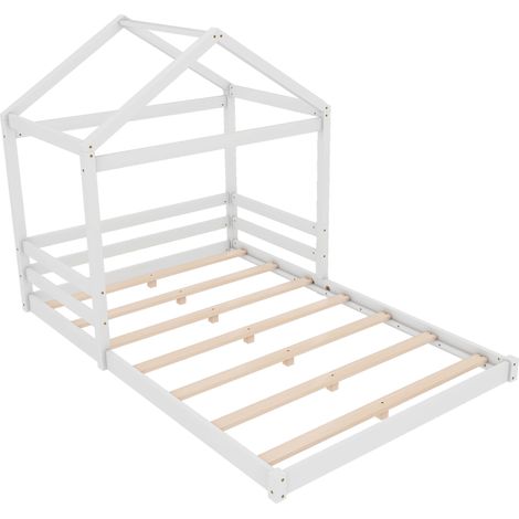 Lit cabane 140 x 200 cm, lit enfant en forme de maison avec sommier à lattes (sans matelas), bois de pin, style minimaliste, blanc (1/5)