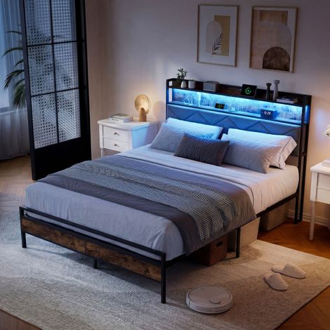 Lit 140x190 cm,lit double,lit adulte,lit capitonné,avec sommier à lattes,LED,tissu en lin (1/5)