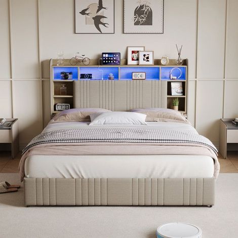 Lit coffre 160x200 cm, Lit double 160x200 cm avec 4 tiroirs et LED, Lit adulte 160x200 cm, Lit 2 personnes, Sommier, Lin Beige (1/5)
