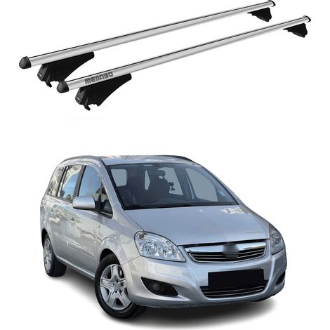 Menabo Dachträger Grundtäger kompatibel mit Opel Zafira B 2008-2012 FL Aluminium 75kg Silber 2tlg Geschlossene Reling kompatibel mit Fahrradträger, Dachboxen, Skiträger Abschließbar (1/5)