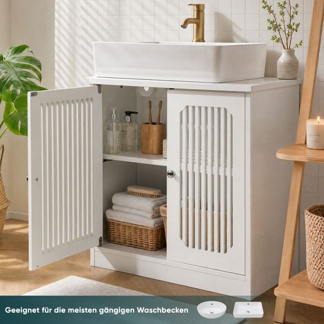 Meuble sous vasque sans lavabo, armoire de salle de bain debout à double porte et façade à lamelles, blanc, rangement salle d'eau. (1/5)