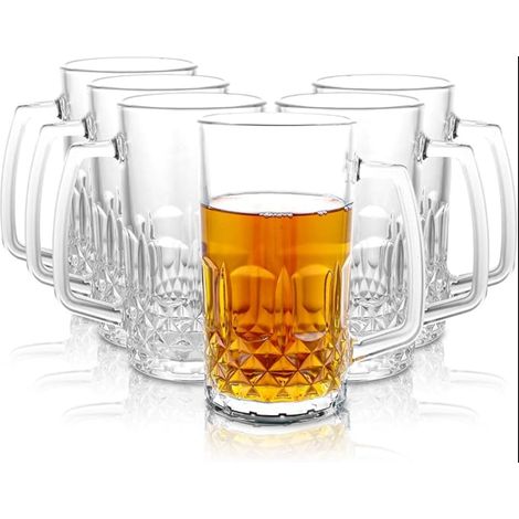 Lot de 6 chopes à bière 50 cl en verre transparent avec anse, motif gravé texturé (1/5)