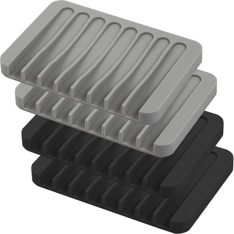 Jaboneras autodrenantes - Paquete de 4 jaboneras de silicona con diseño de cascada - Para el baño - Prolongan la vida útil del jabón - Fáciles de lavar (negro y gris) (1/5)