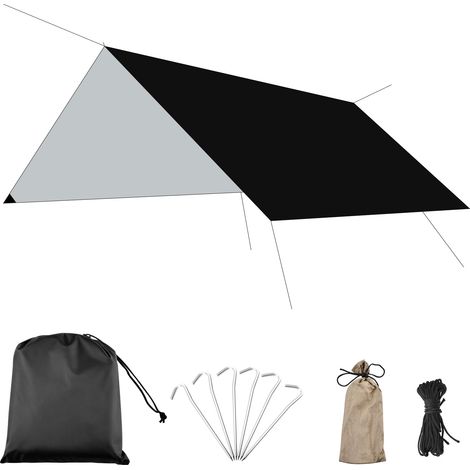 Bâche Anti-Pluie Tarp Bivouac Toile de Tente Imperméable Tapis de Sol Abri de Randonnée Parasol Auvent Anti UV pour Camping Trekking 01 Noir 300 x 300 cm (1/5)