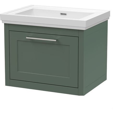 Blithbury Traditional Bathroom Wall Hung 1 Drawer Vanity Unit and 0 Tap Hole Fireclay Basin, 600mm, Matt Green