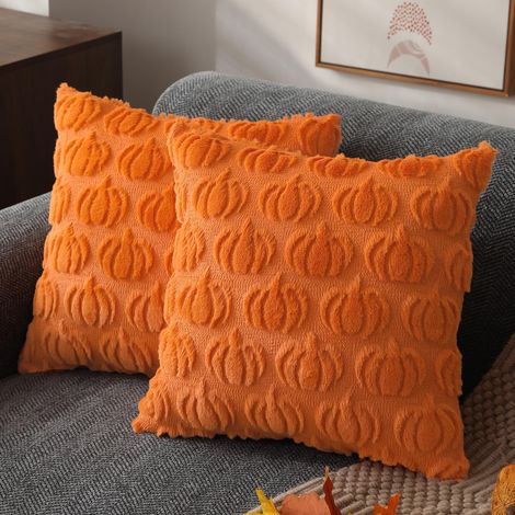 Lot de 2 Housses de Coussin Citrouille Orange Automne 40 × 40 cm, Coussins Doux en Fausse Fourrure pour Canapé Chaise Chambre Salon, sans Garnissage (1/5)