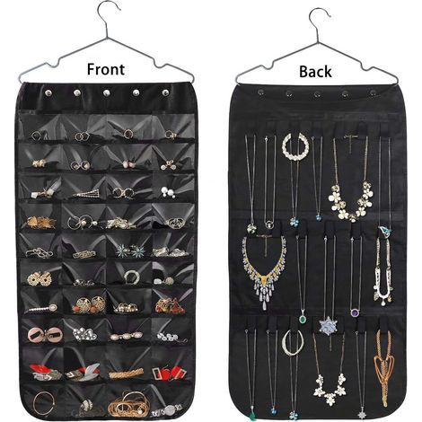 Hängender Schmuckorganizer, doppelseitig, 40 Fächer und 20 Haken, Kettenhalter, Organizer für Ohrringe, Halsketten, Armbänder und Ringe, schwarz (1/5)