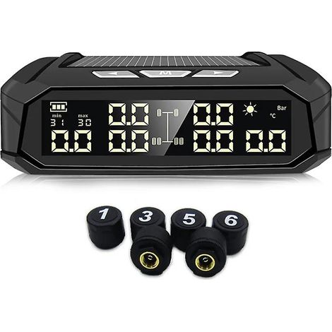 Sistema de monitoreo de presión de neumáticos (TPMS) para automóviles, con pantalla digital alimentada por energía solar y sistema de alarma de seguridad para automóviles con 6 sensores externos. (1/5)