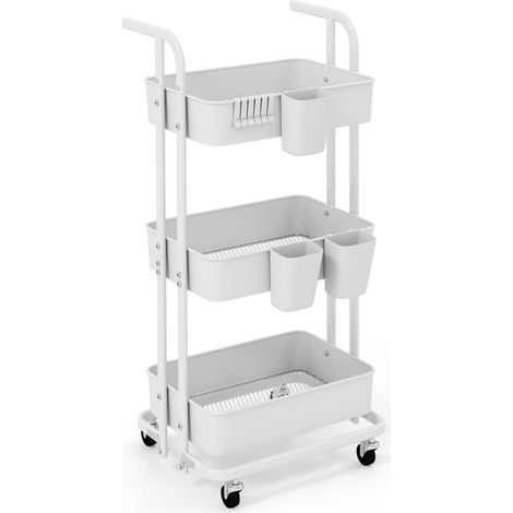 Carrello pieghevole a tre ripiani con ganci e ruote bloccabili, Carrello utilitario mobile per cucina e ufficio (1/3)