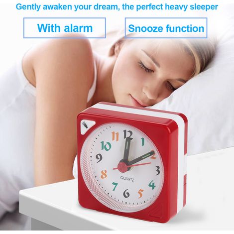 Mini réveil de voyage à quartz avec éclairage LED et fonction snooze, fonctionne sur piles, rouge. (1/5)