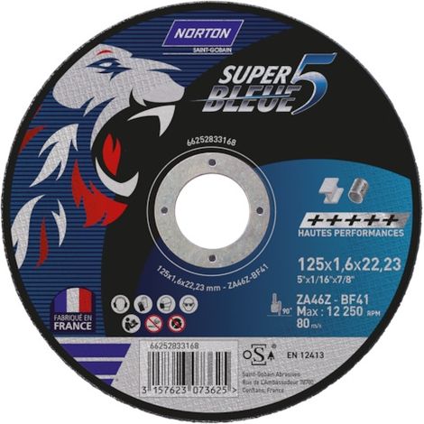 Norton – Disque à tronçonner 125 mm – Épaisseur 1,6 mm – Acier pour béton armé – Grain zirconium haute performance – Pour applications industrielles