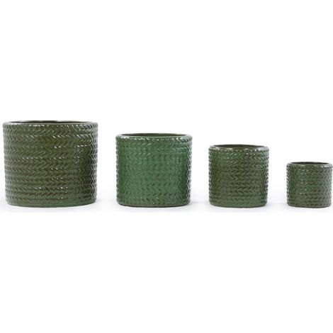 Vaso per piante in ceramica Ø31 cm verde oliva lucido con rilievo a spina di pesce (1/5)