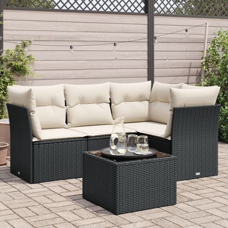 Ensemble de jardin 5 places en résine tressée noire avec coussins crème - Salon extérieur modulaire avec table en verre trempé (1/3)