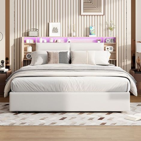 Cama Cofre Doble 140x200 cm en PU blanco Cama Tapizada Cofre de almacenamiento y Somier de lamas Cabecero con almacenamiento y LED (1/5)