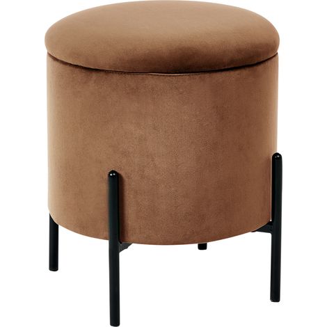 Puf con almacenaje asiento de terciopelo y base de madera reposapiés redondo mesa auxiliar marrón oscuro Wenona